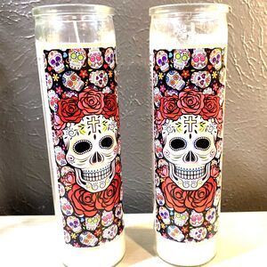 Set of 2 Day of The Dead Sugar Skulls 8in Unscented Devotional Candles -NEW